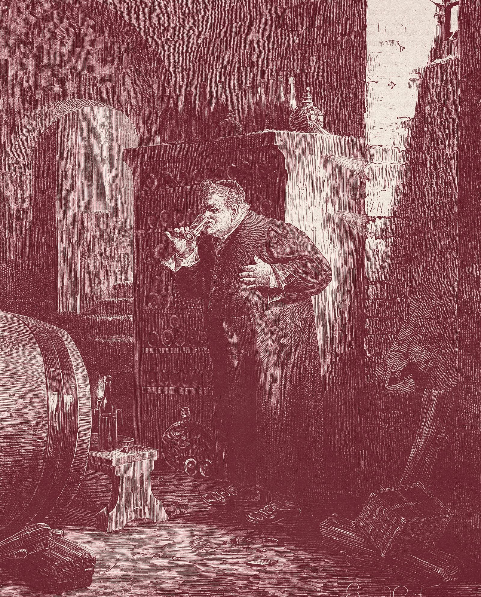 Engraving of a cellar master tasting wine