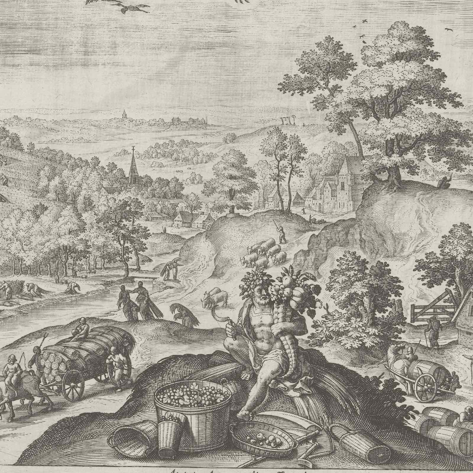Engraving of an autumn landscape with vineyards and a village