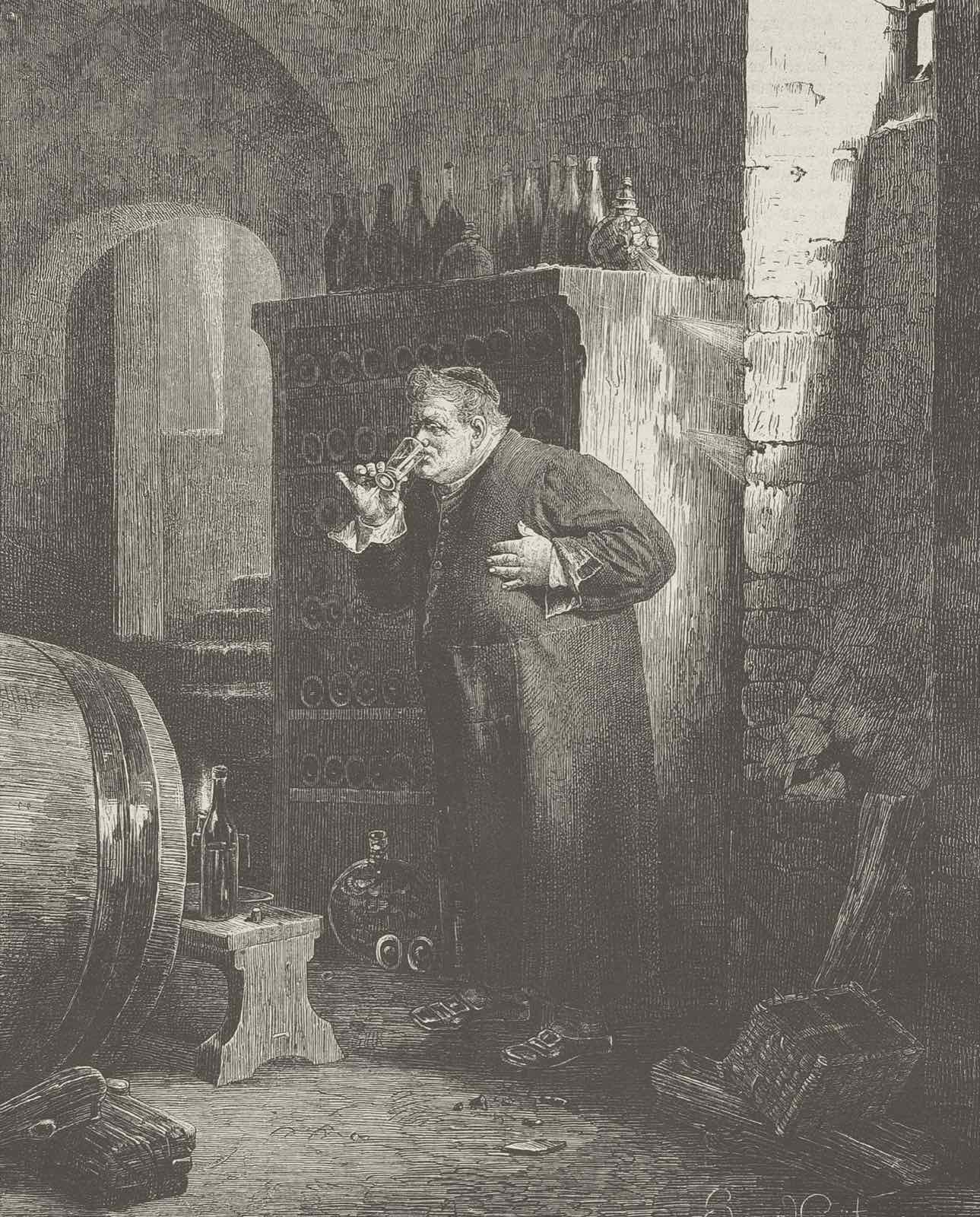 Engraving of a cellar master tasting wine