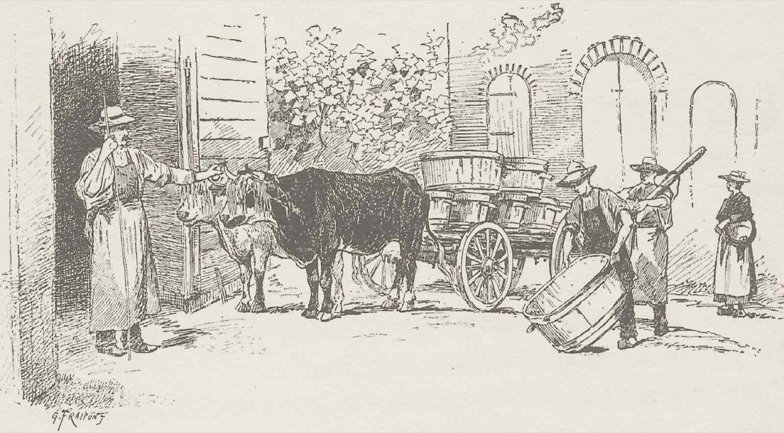 Engraving by Gustave Fraipont of a harvest cart in the Jura